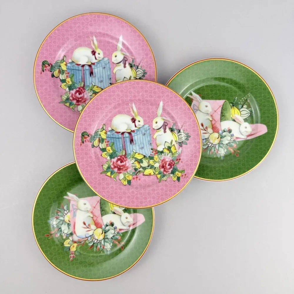 Williams Sonoma Famille Rose Appetizer Plates Bunny Set Of 4 Pink Green Easter